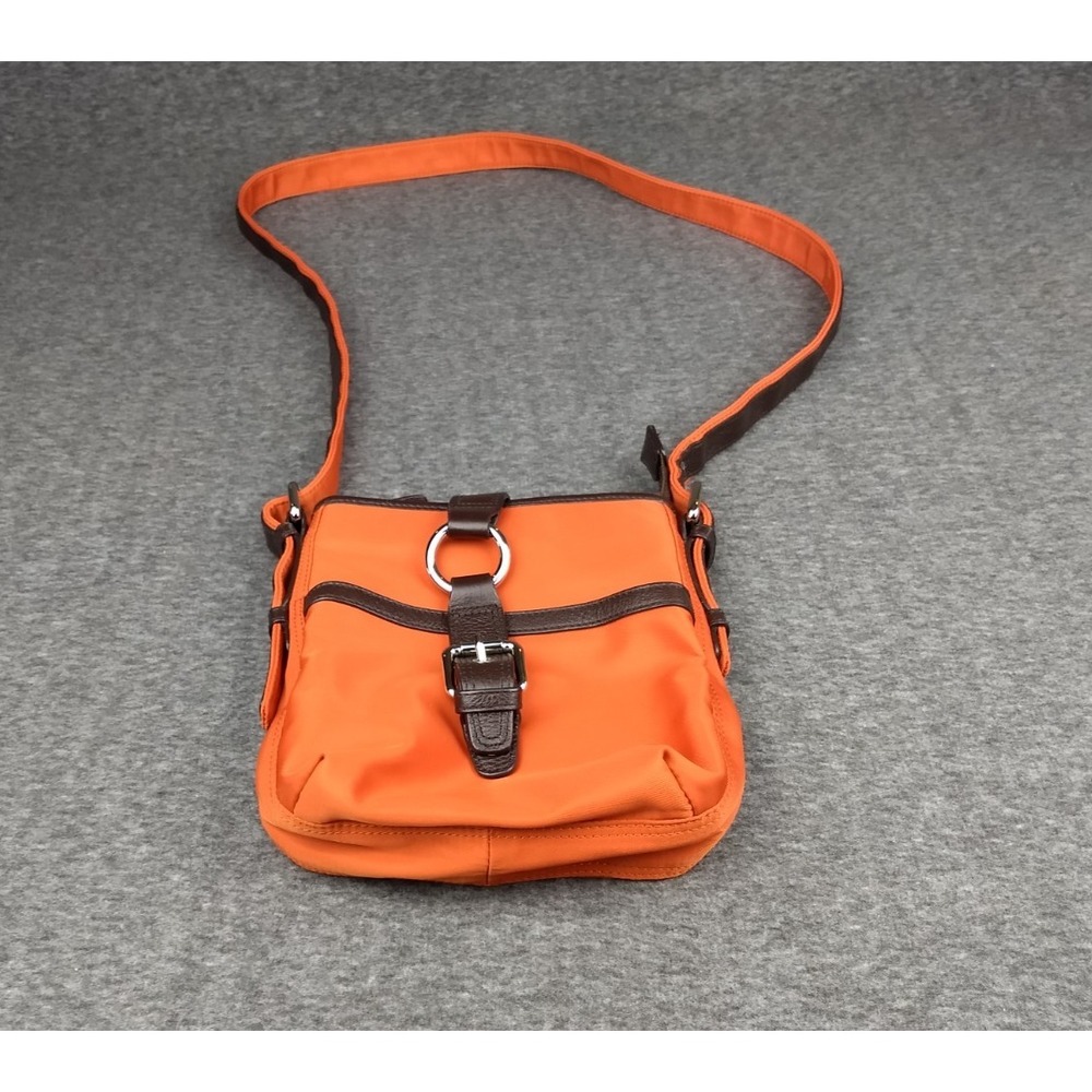 Talbots Crossbody Travel Bag Orange Nylon Brown Leather Trim Messenger Pockets